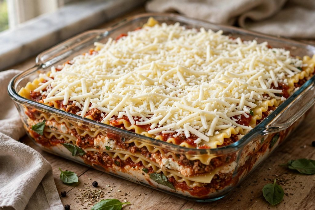 assembled lasagna in a baking dish before baking