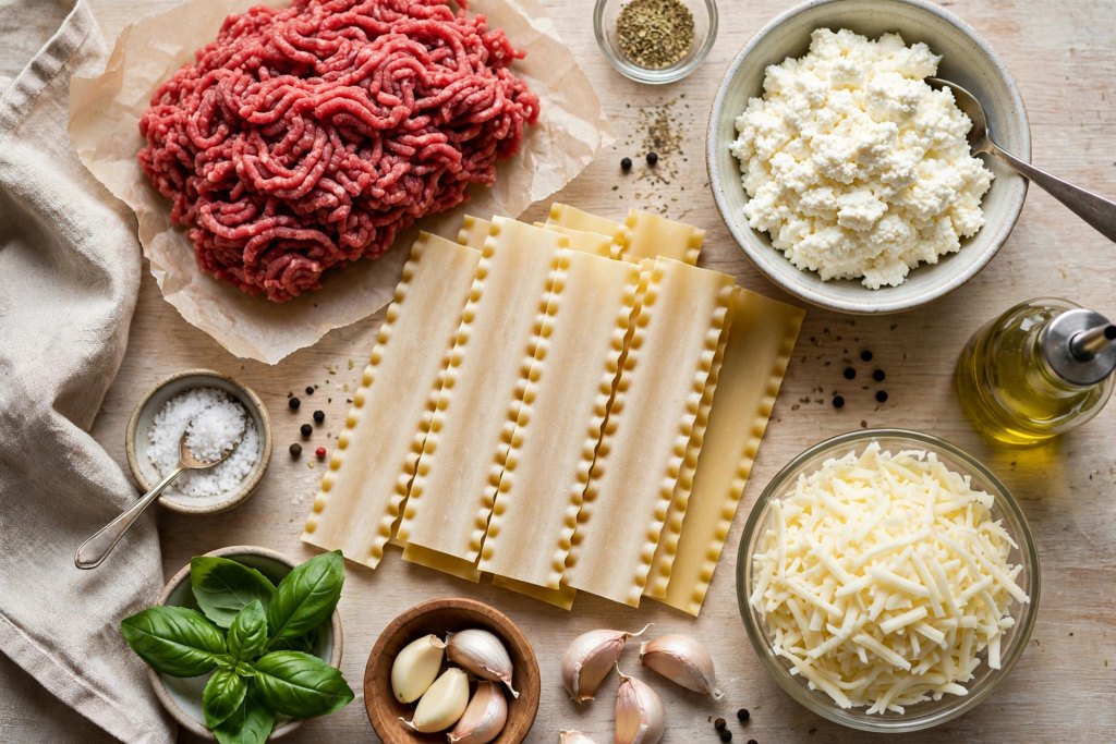  "raw ingredients including ground beef, ricotta, noodles, and mozzarella