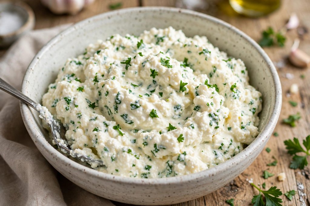 ricotta cheese filling mixed in a bowl with parsley"