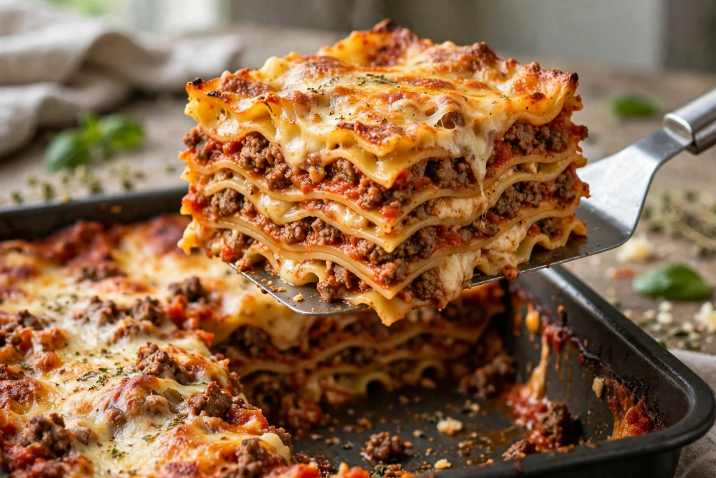 slice of easy lasagna recipe with distinct layers of noodle, sauce, and cheese
