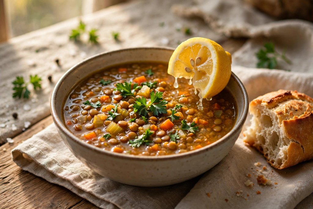 Simple Lentil Soup Recipe (Ultimate Comfort, 50 Min) 4 bowl of lentil soup with lemon and parsley