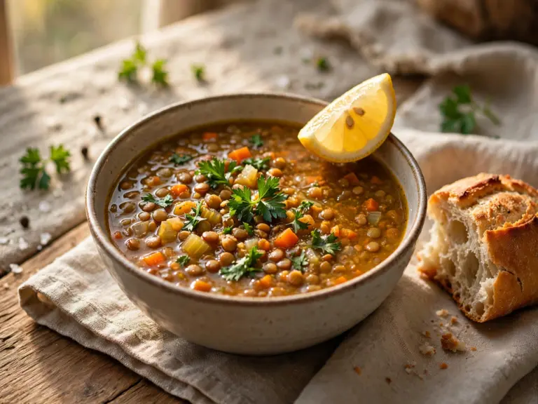 simple lentil soup recipe in a rustic bowl with lemon