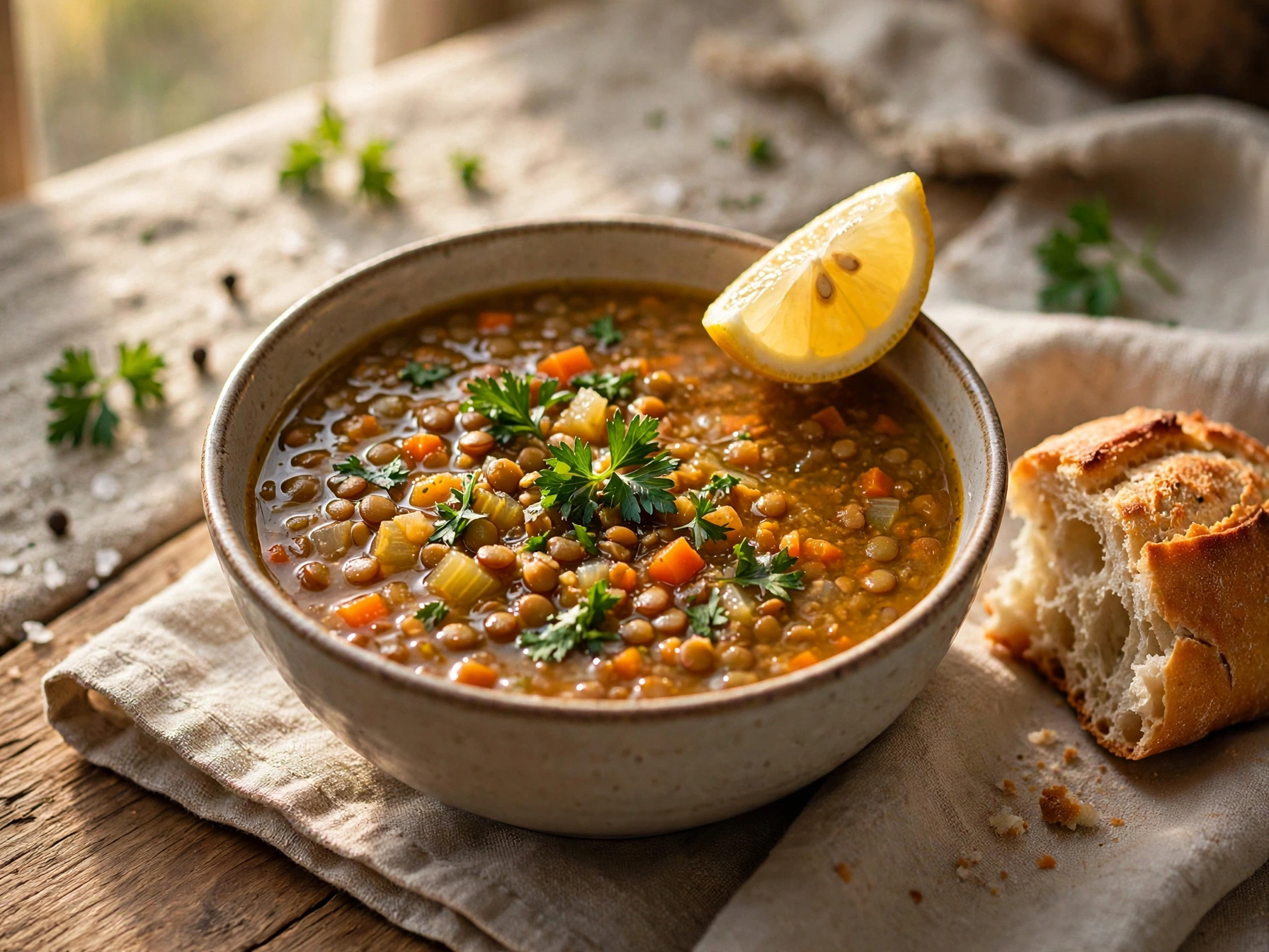 Simple Lentil Soup Recipe (Ultimate Comfort, 50 Min) 1 simple lentil soup recipe in a rustic bowl with lemon