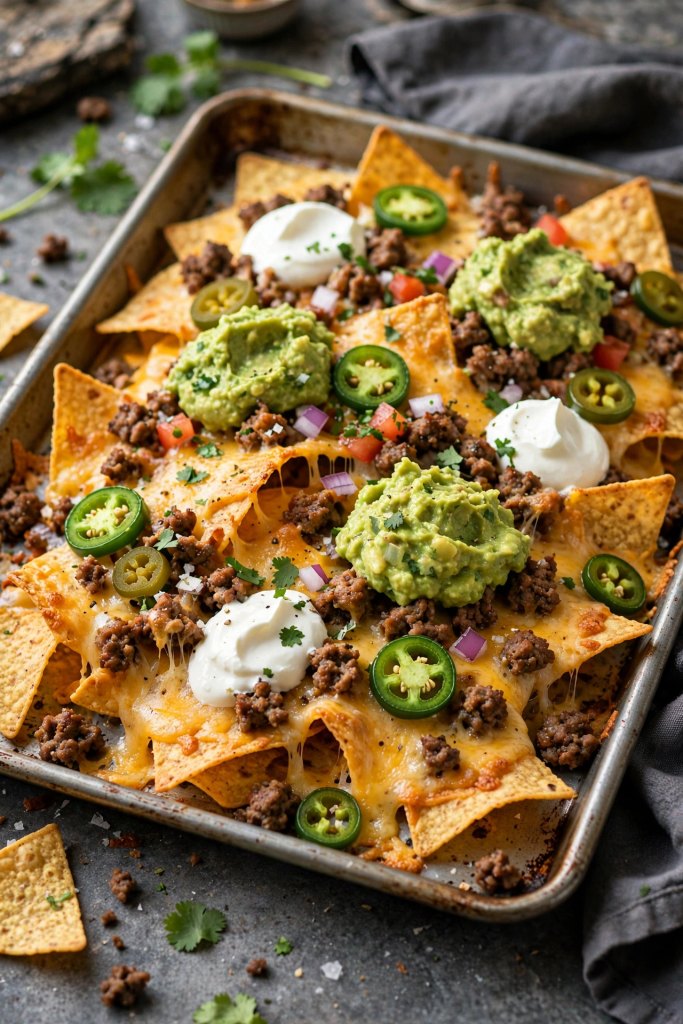 10 Proven Football Game Day Food Ideas (Easy) 2 "loaded nachos on a sheet pan with cheese and toppings on game day food
