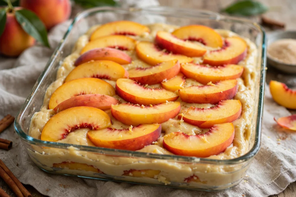 Perfect Peach Cobbler Recipe (Easy, 60 Min) 3 assembled easy peach cobbler recipe before baking