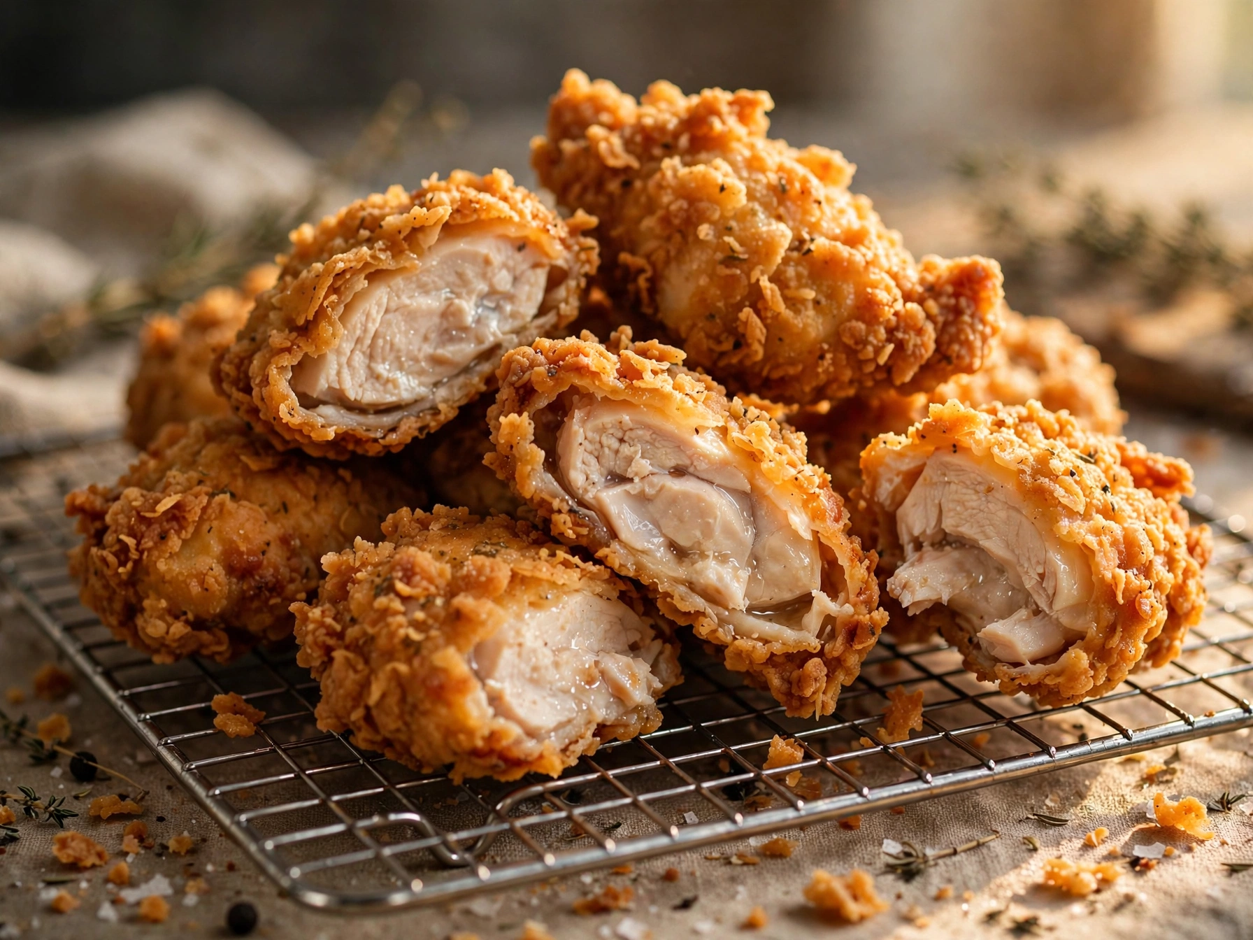 golden fried chicken with a craggy crispy crust on a platter