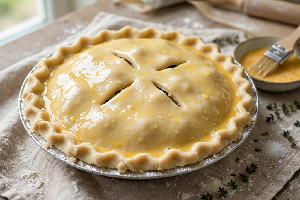 Foolproof Easy Chicken Pot Pie (One Pan, 50 Minutes) 5 assembled pot pie with pastry top and egg wash before baking"