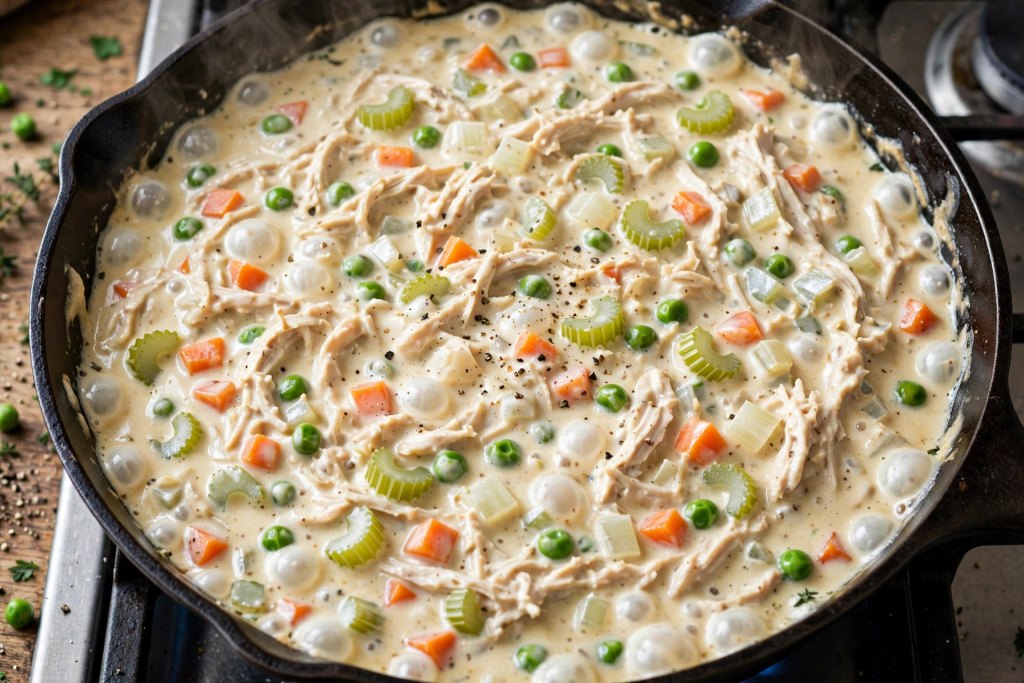 Foolproof Easy Chicken Pot Pie (One Pan, 50 Minutes) 4 thick creamy filling with vegetables and shredded chicken in a skillet