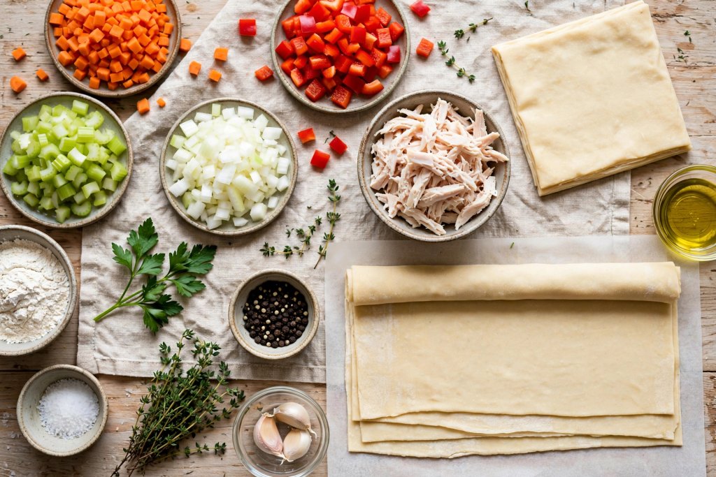 Foolproof Easy Chicken Pot Pie (One Pan, 50 Minutes) 3 raw ingredients including diced vegetables, shredded chicken, and pastry