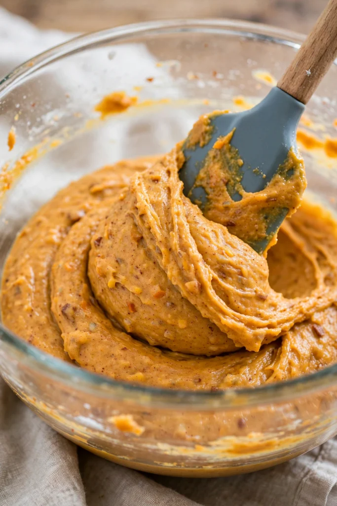folding pumpkin bread batter with spatula 