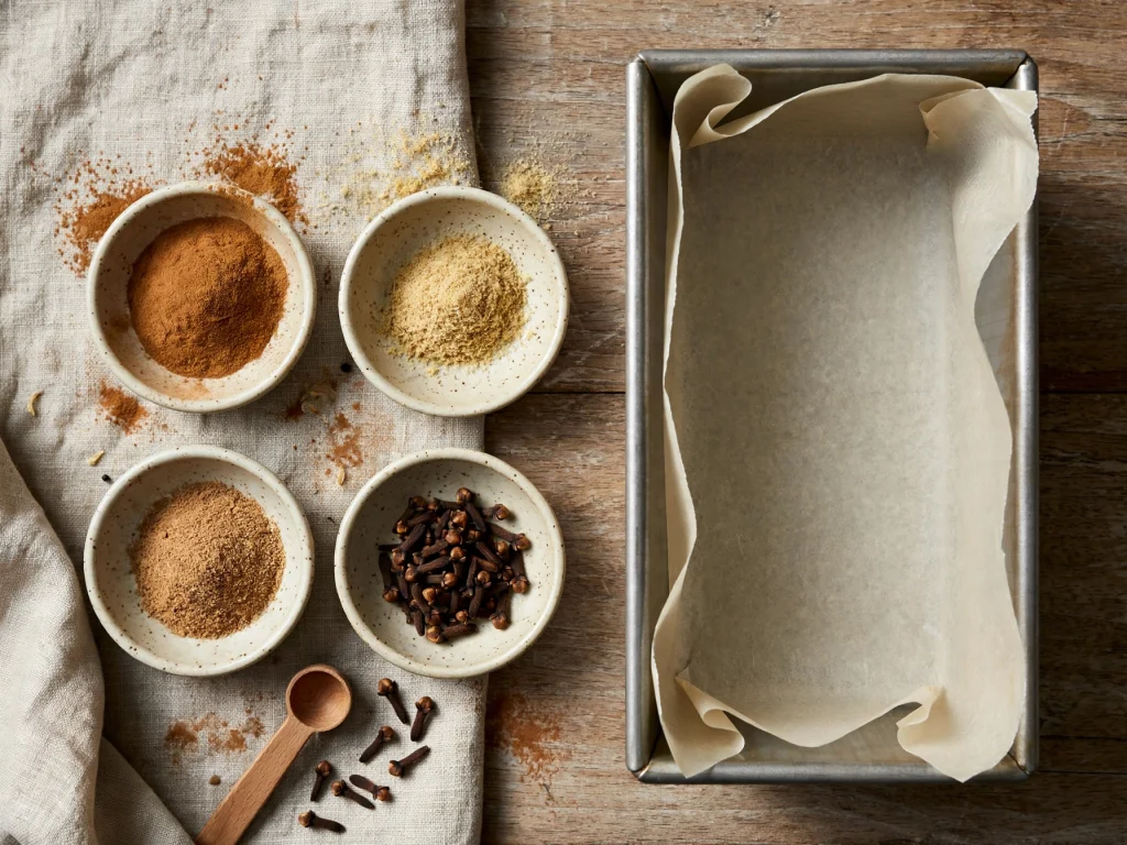 mise en place for the pumpkin bread recipe with measured spices