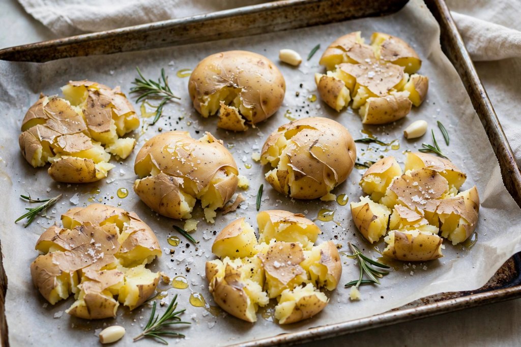 Amazing Easy Smashed Potatoes Recipe (Crispy in 45 Minutes) 4 smashed potatoes flattened on a sheet pan before roasting