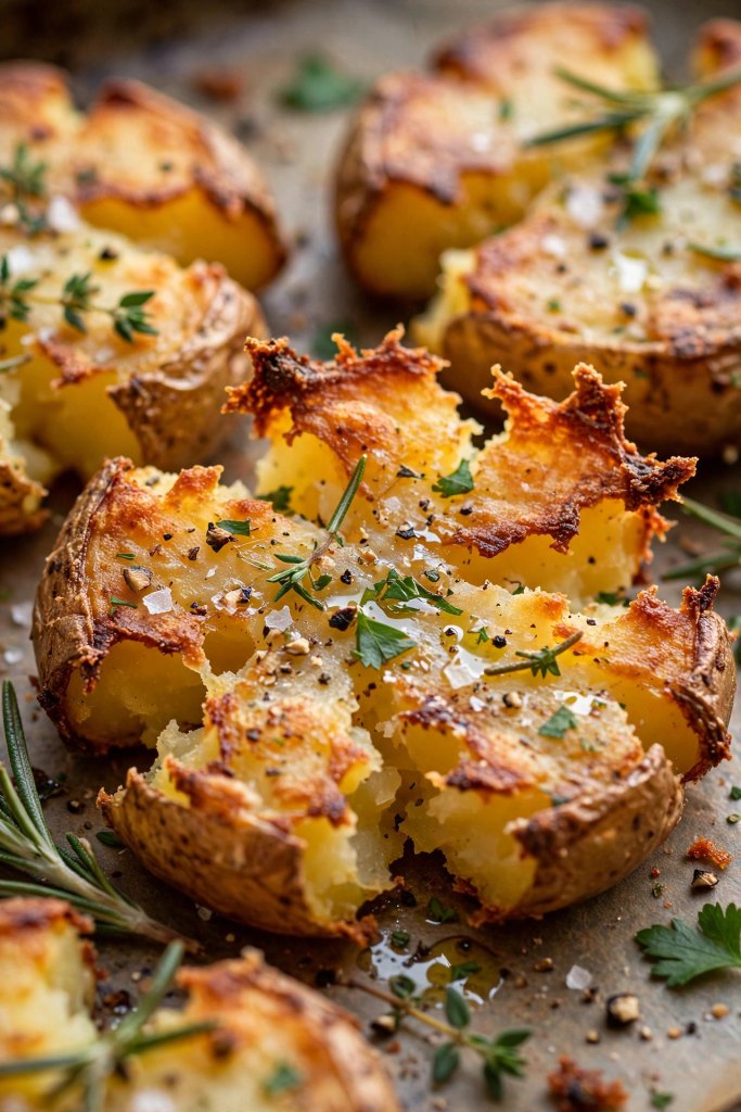 Amazing Easy Smashed Potatoes Recipe (Crispy in 45 Minutes) 5 Close-up of roasted smashed potatoes with crispy golden edges, topped with flaky sea salt and fresh herbs