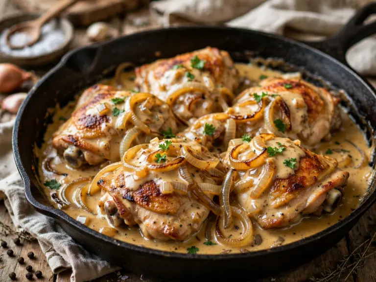 Ultimate Smothered Chicken Recipe (55-Minute Comfort Food) 6 smothered chicken in onion gravy in a cast iron skillet