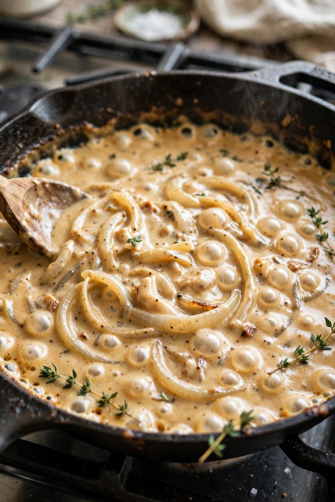 Ultimate Smothered Chicken Recipe (55-Minute Comfort Food) 4 onion gravy thickening in a skillet for this dish