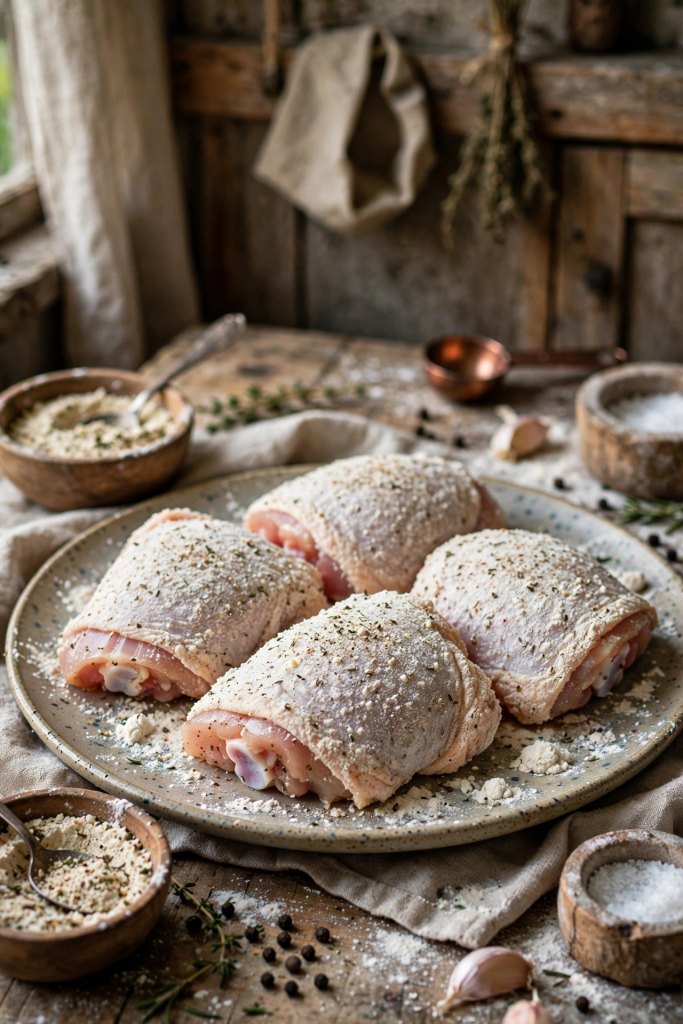 Ultimate Smothered Chicken Recipe (55-Minute Comfort Food) 3 raw chicken thighs dredged in seasoned flour for this recipe