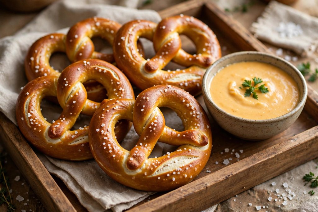 10 Proven Football Game Day Food Ideas (Easy) 10 soft pretzels on a tray with cheese dip