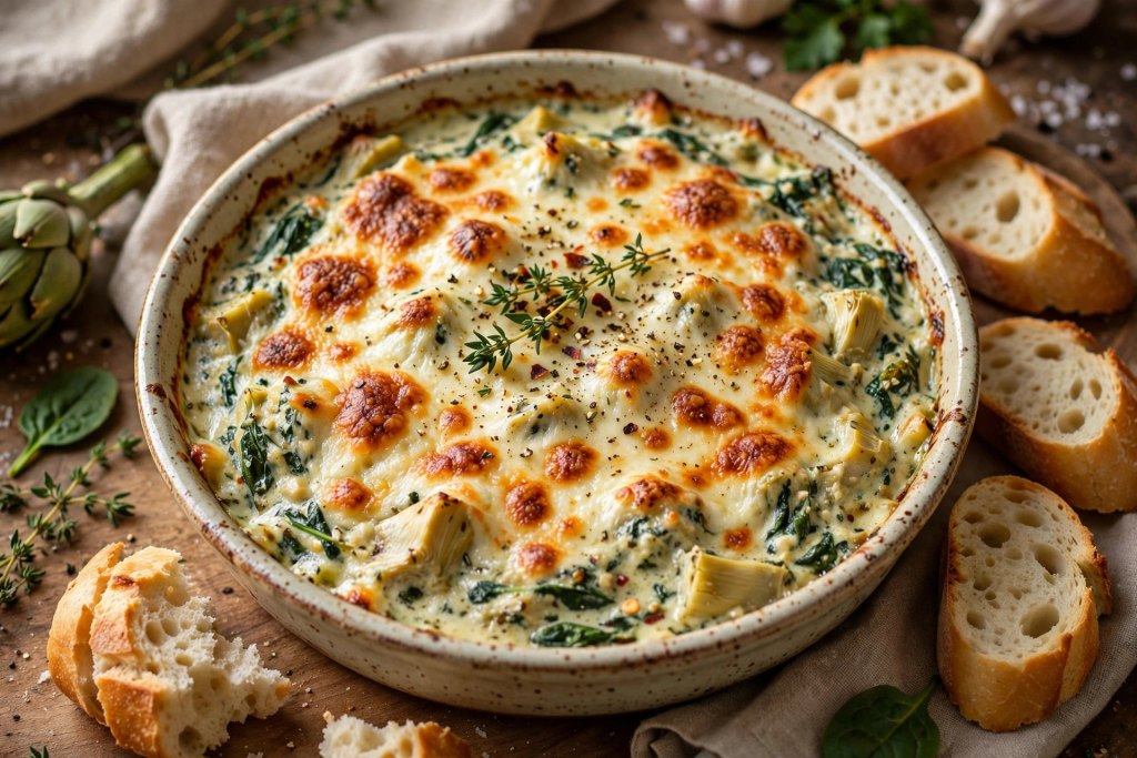 10 Proven Football Game Day Food Ideas (Easy) 3 "spinach artichoke dip in a baking dish with bread