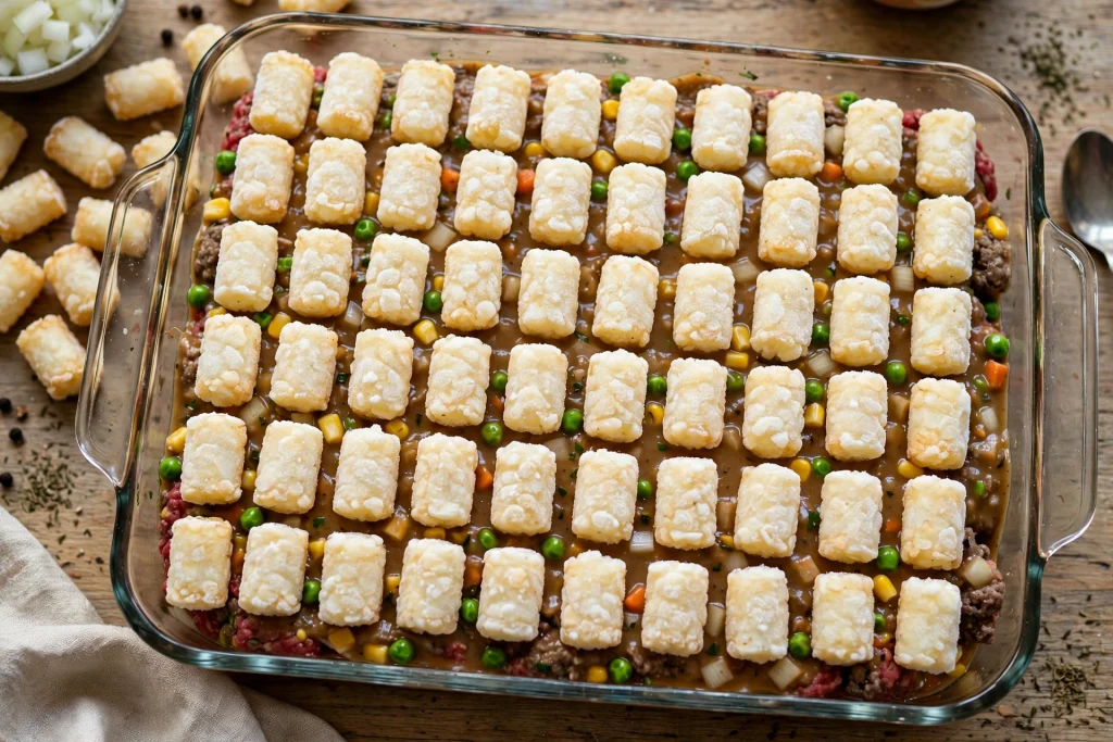 Best Tater Tot Casserole Recipe (Ultimate Comfort, 65 Min) 3 assembled tater tot casserole before baking