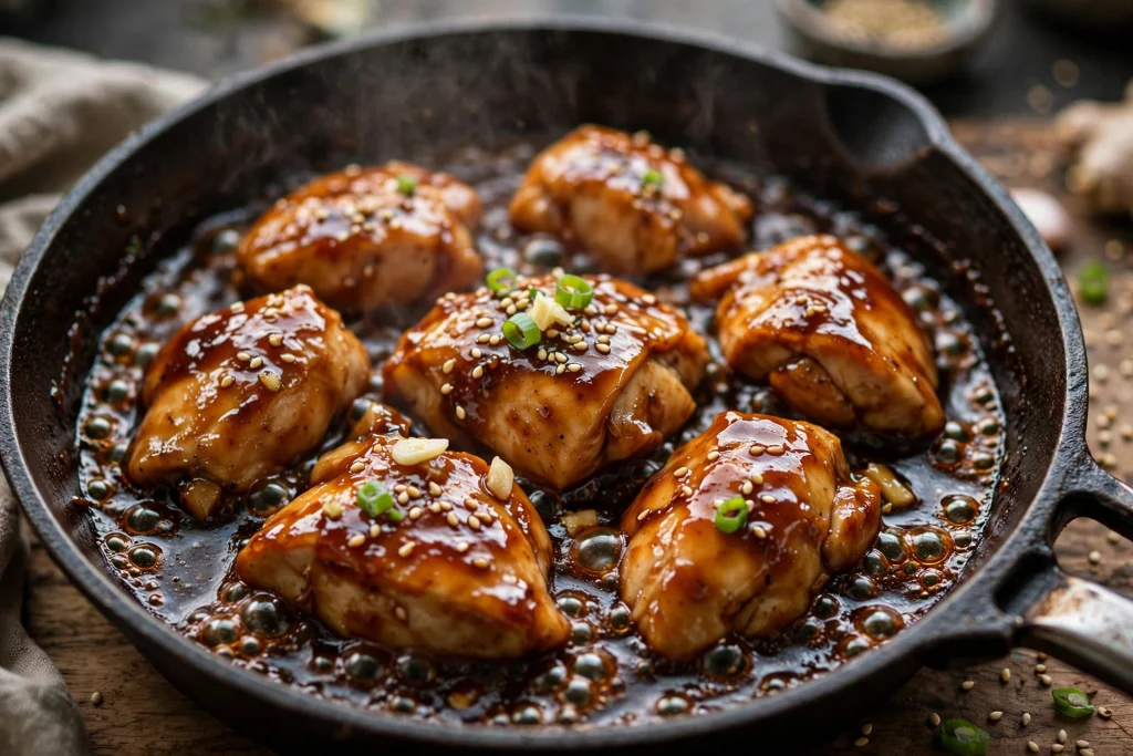 Best Teriyaki Chicken Recipe (Irresistible, 30 Min) 3 teriyaki chicken recipe simmering in glossy sauce