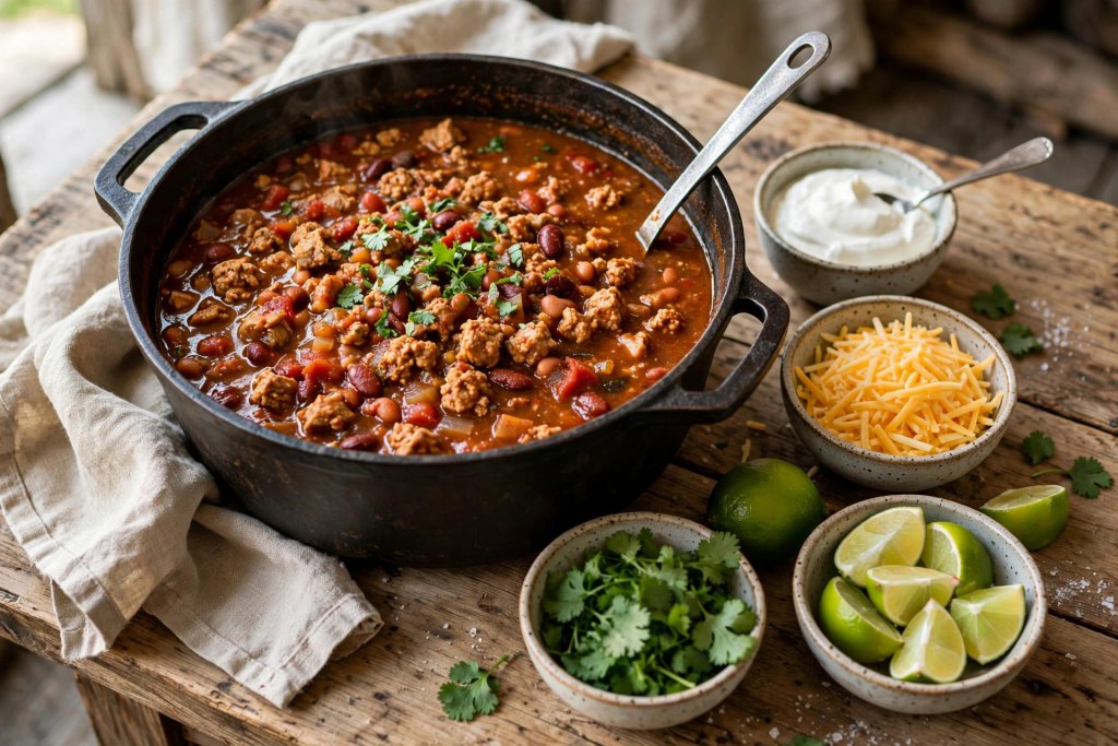 10 Proven Football Game Day Food Ideas (Easy) 5 turkey chili in a pot with toppings set out alongside