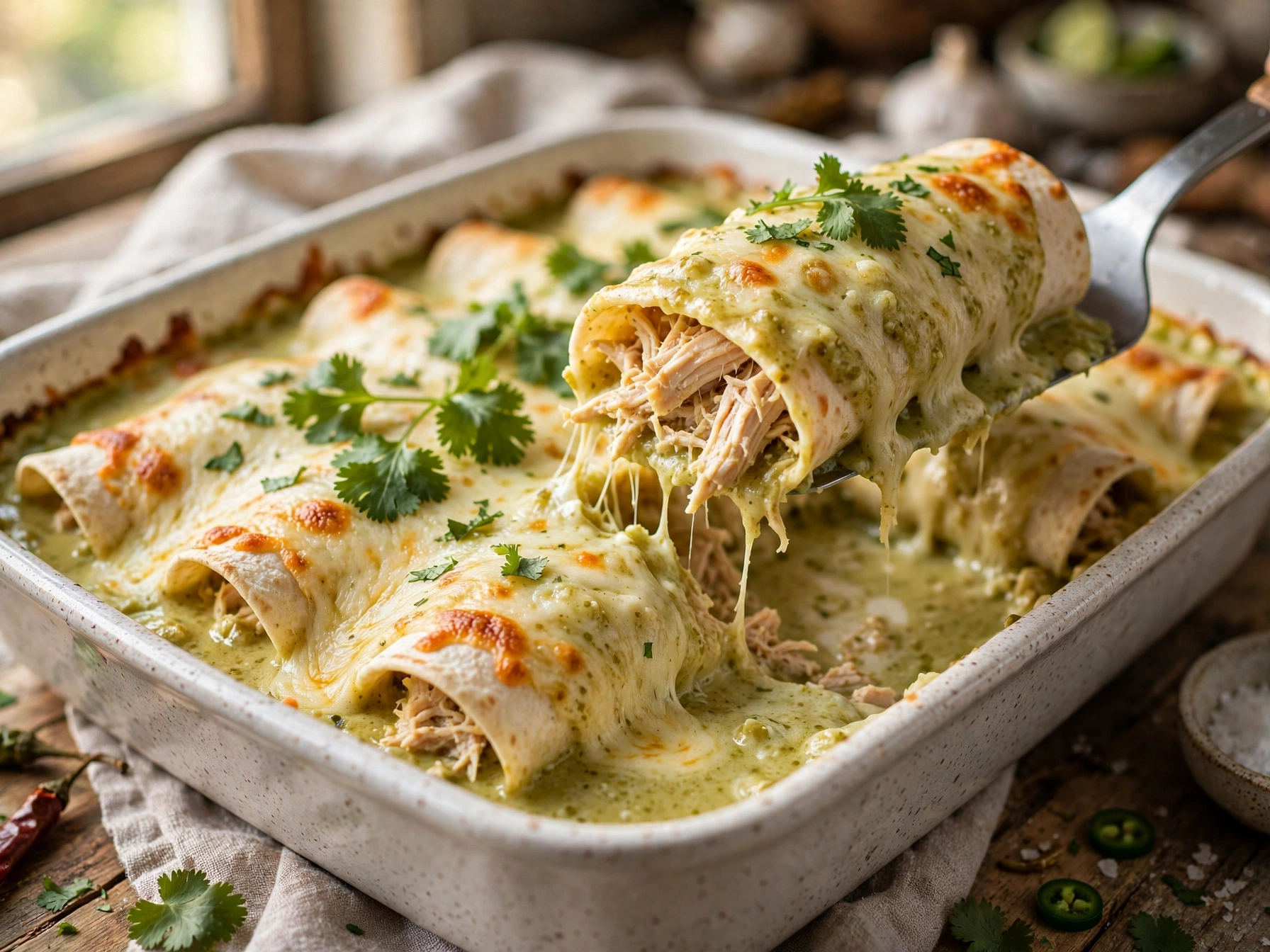 best white chicken enchiladas recipe in a baking dish