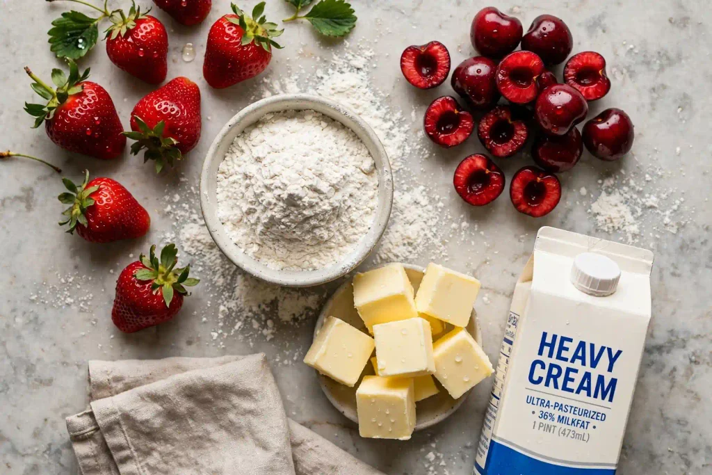 mise en place for cherry jam strawberry shortcake
