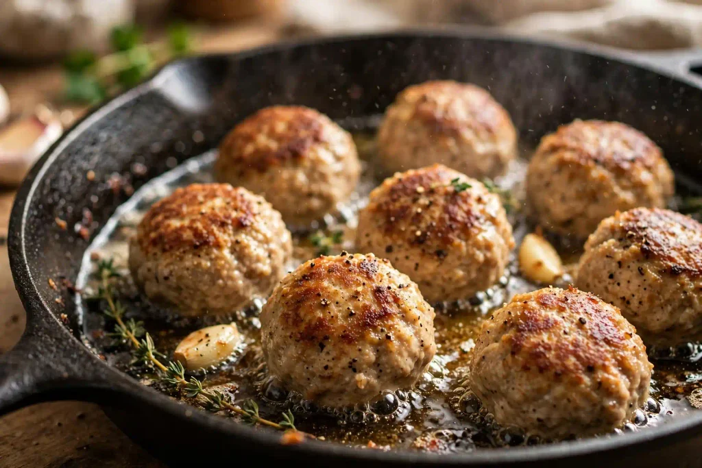 Easy Chicken Meatballs Your Whole Family Will Devour (30 Min) 3 chicken meatballs recipe browning in a skillet