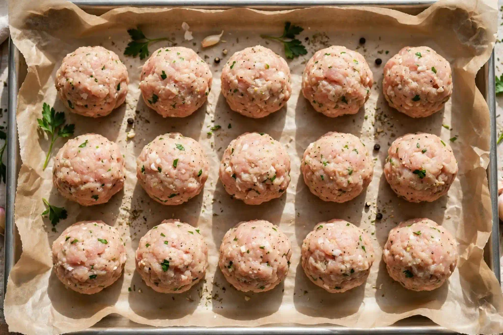 Easy Chicken Meatballs Your Whole Family Will Devour (30 Min) 2 shaped raw chicken meatballs ready to cook