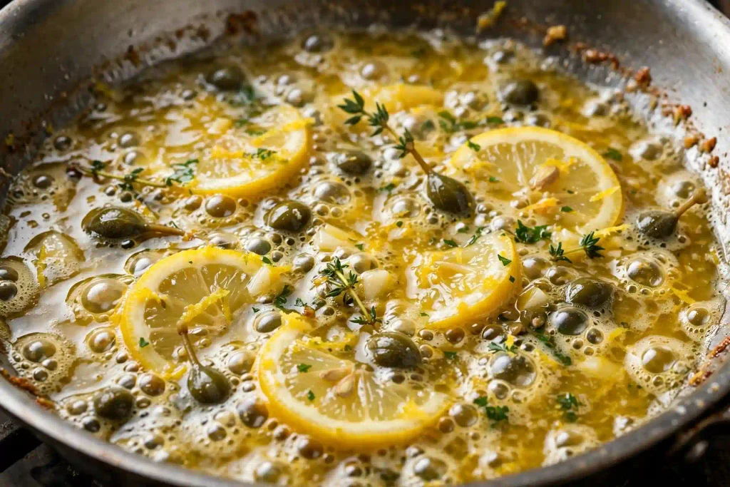 Classic Foolproof Chicken Piccata Recipe With a Bright Lemon Butter Sauce (40 Min) 3 lemon caper sauce for chicken piccata recipe in a skillet