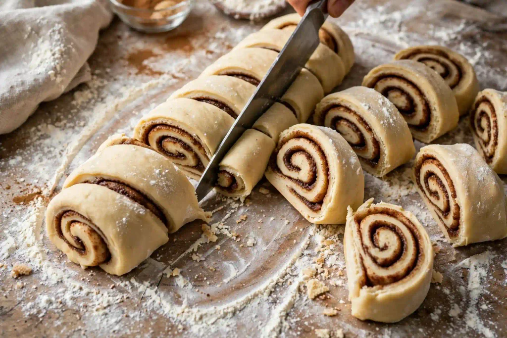 Foolproof Homemade Cinnamon Rolls That Fill Your Kitchen With Warmth (140 Min) 3 slicing homemade cinnamon rolls dough into rounds