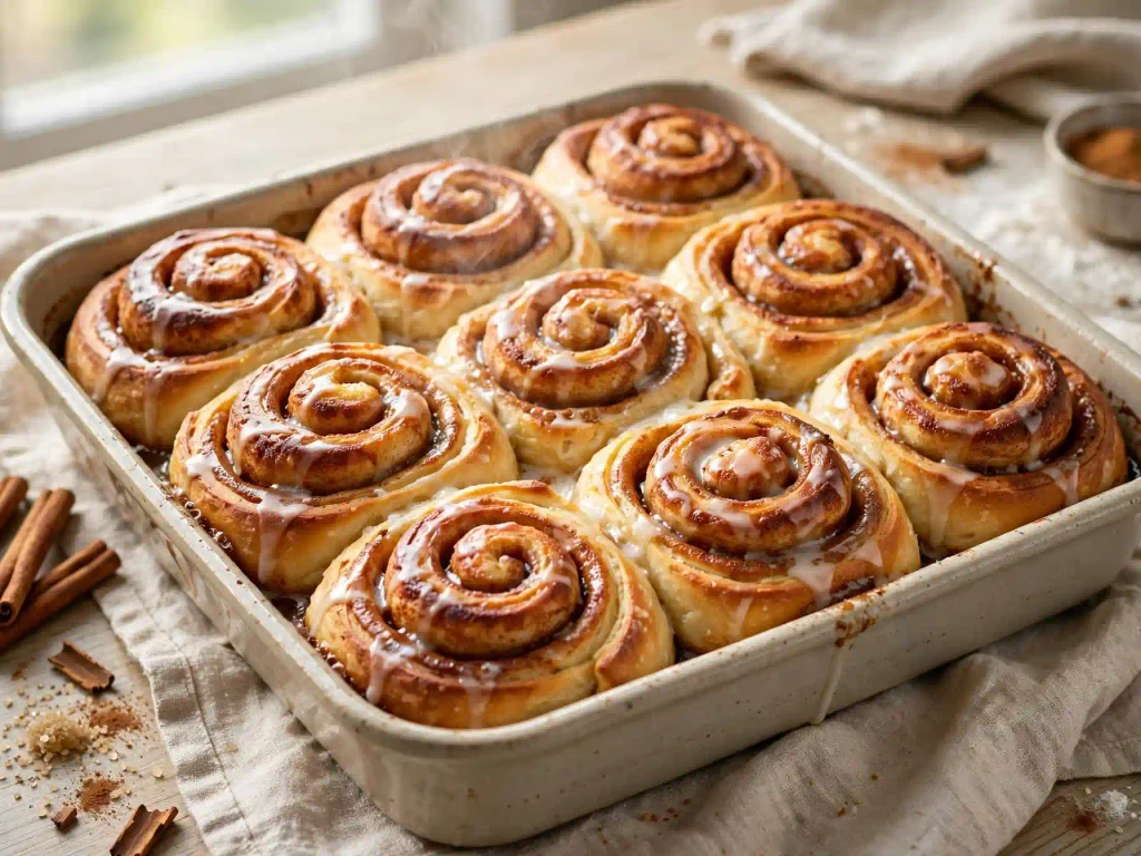 Foolproof Homemade Cinnamon Rolls That Fill Your Kitchen With Warmth (140 Min) 4 baked homemade cinnamon rolls in a dish