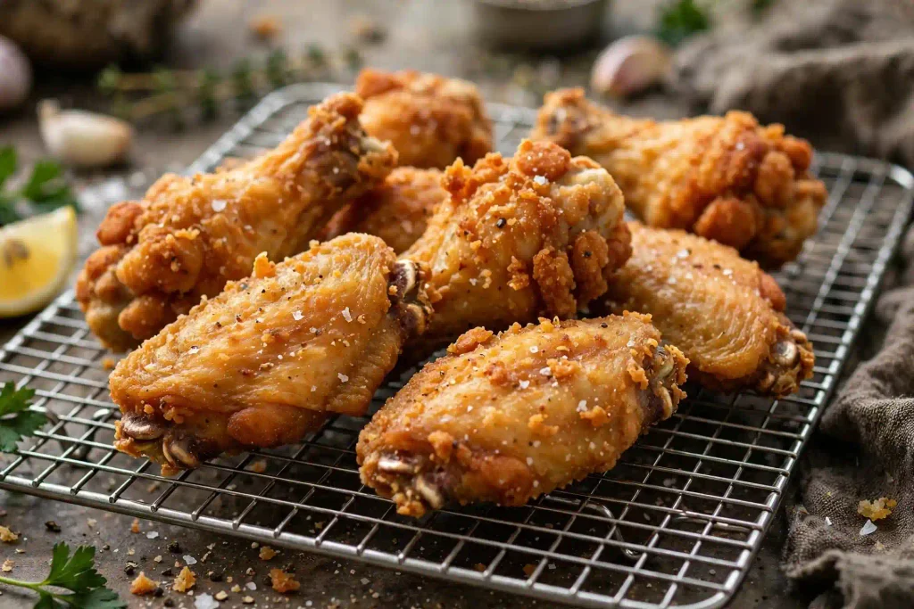 Best Foolproof Korean Fried Chicken Recipe With a Crunch That Lasts (60 Min) 3 double fried Korean fried chicken wings on a wire rack