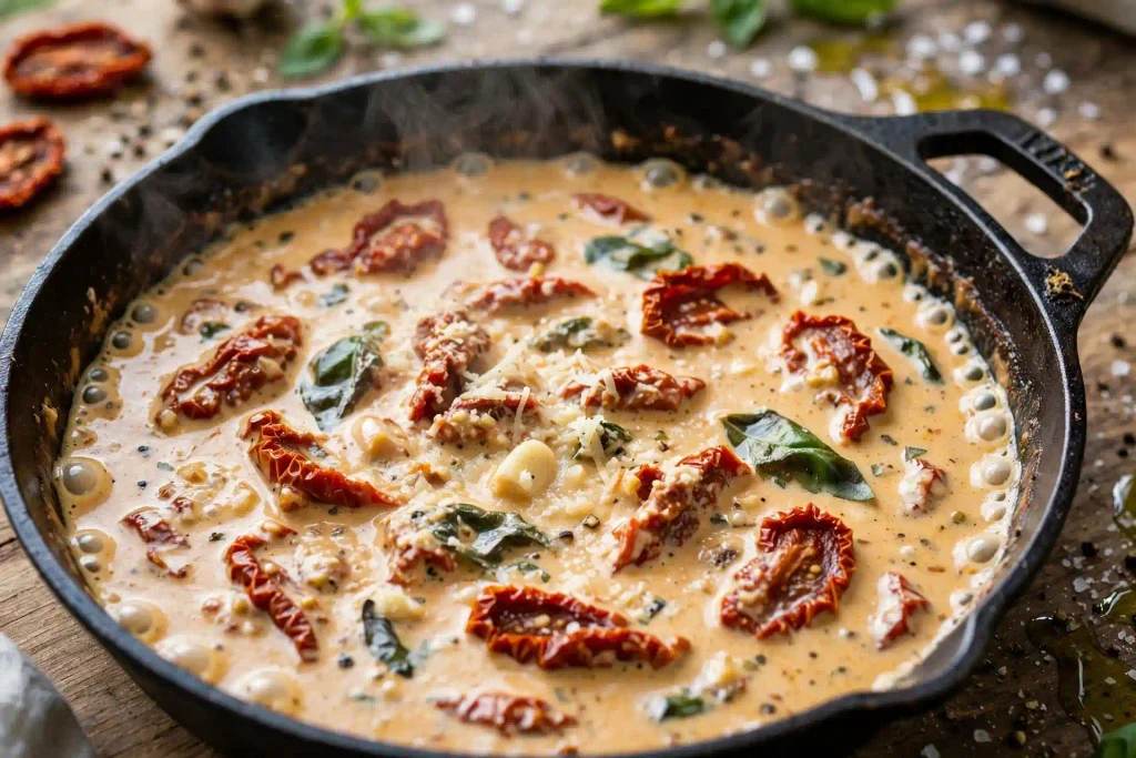 marry-me chicken sauce simmering in a skillet