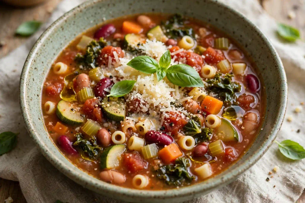 Classic Ultimate Minestrone Soup Recipe (50 Min) 3 bowl of minestrone soup with Parmesan and basil