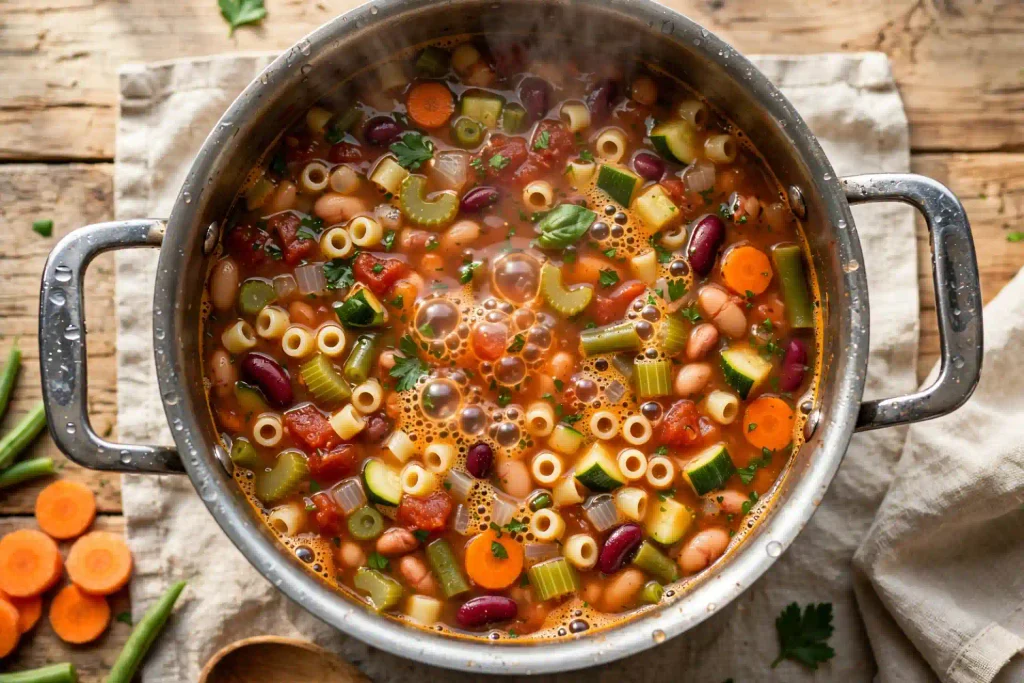 Classic Ultimate Minestrone Soup Recipe (50 Min) 2 pot of minestrone soup simmering with vegetables and pasta