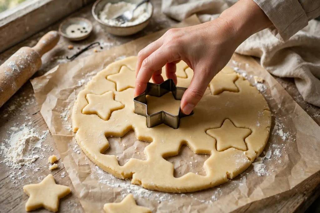 cutting shortbread cookie dough into shapes