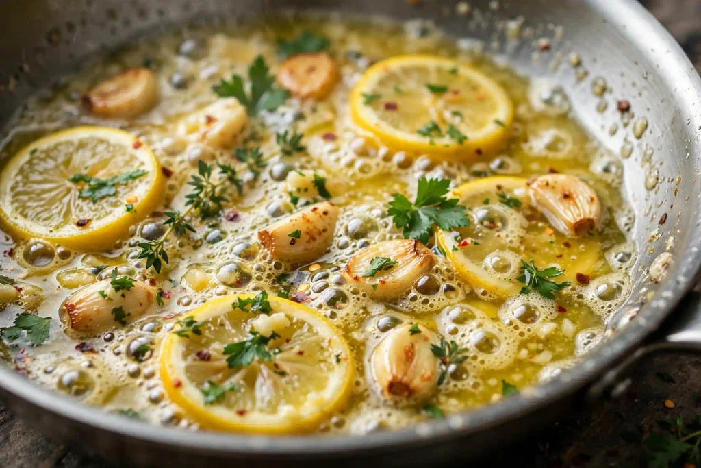 Best Irresistible Garlic Shrimp Pasta Recipe That Tastes Like a Restaurant Order (35 Min) 3 garlic butter sauce for shrimp pasta recipe simmering in a skillet