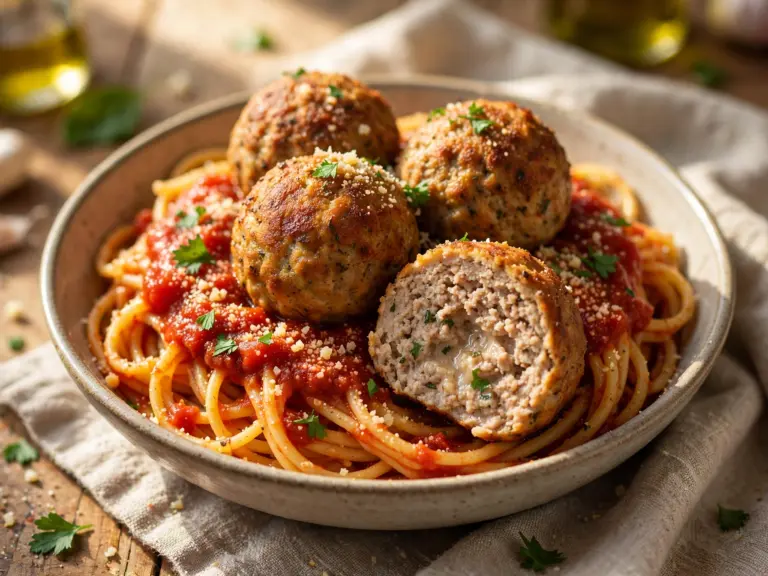easy turkey meatballs recipe over spaghetti with marinara