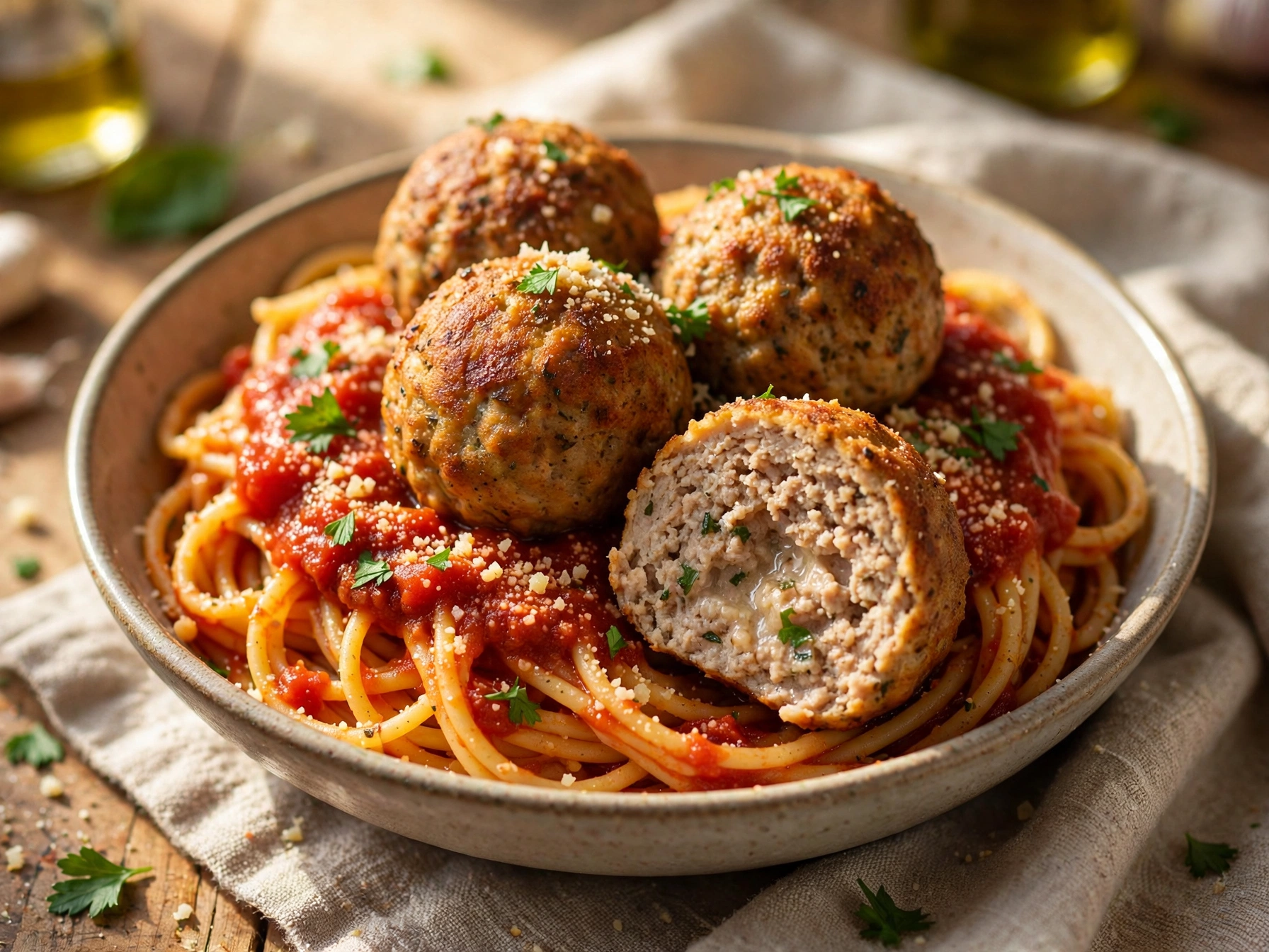 easy turkey meatballs recipe over spaghetti with marinara