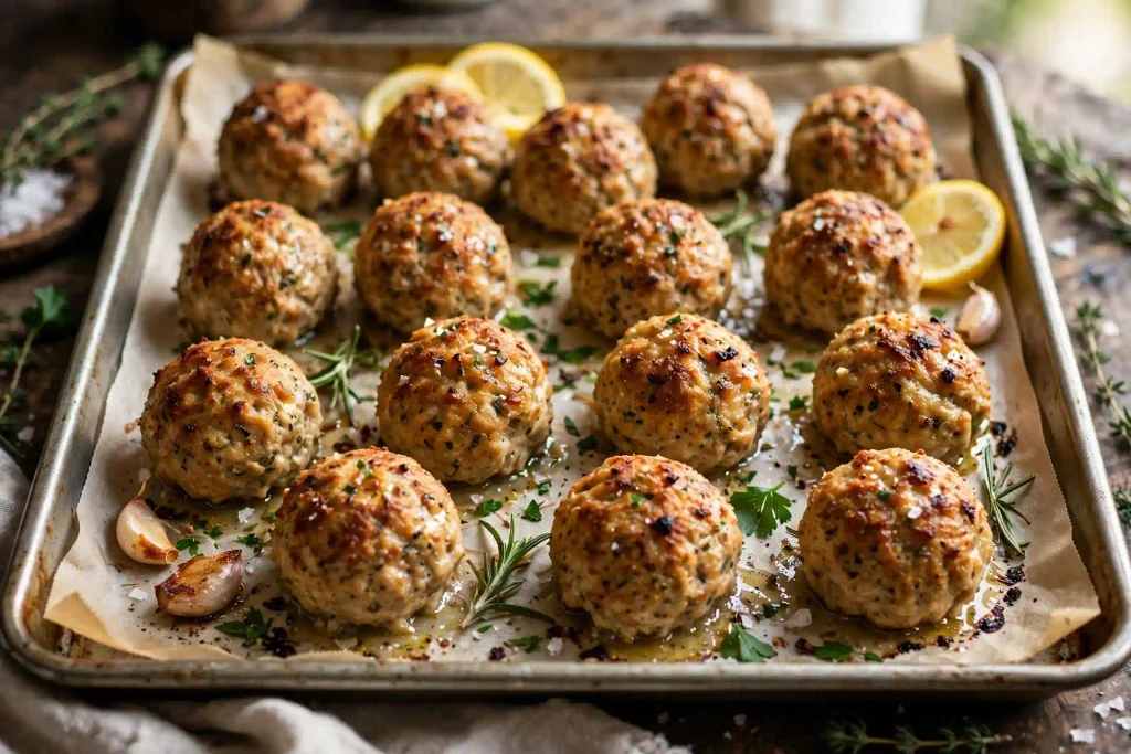 baked turkey meatballs recipe golden brown on a sheet pan 