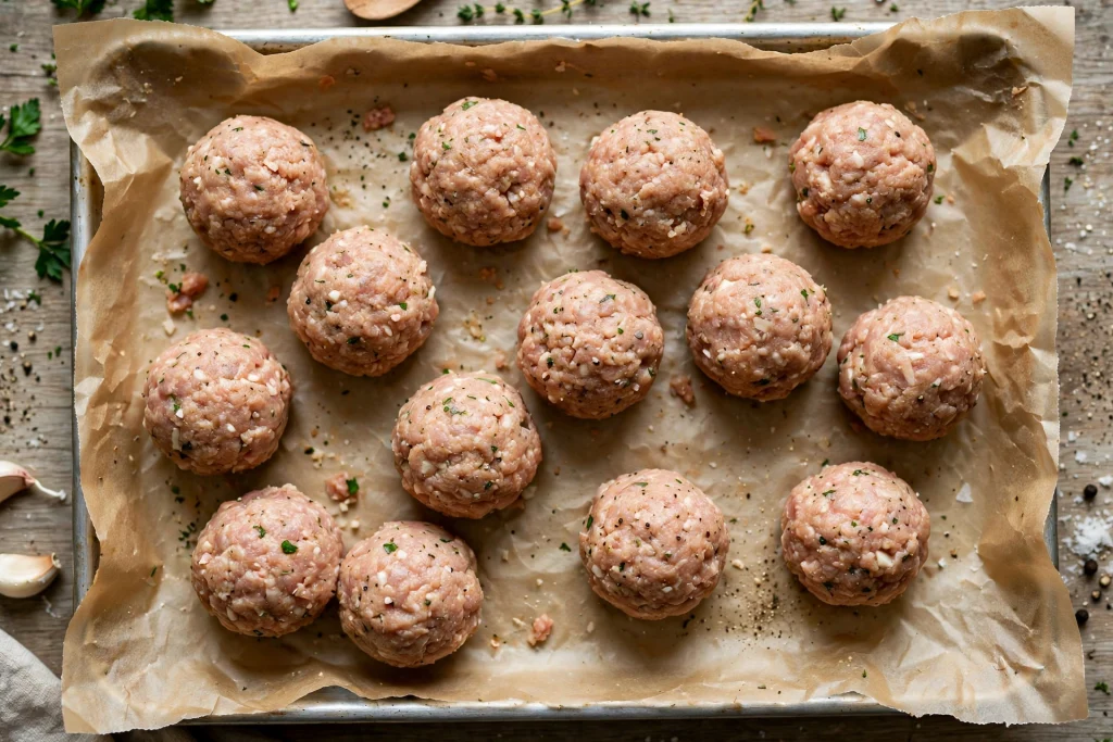 shaped turkey meatballs ready to bake on a sheet pan