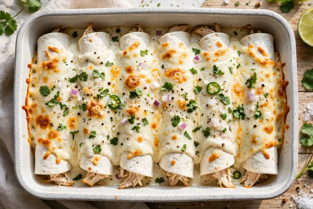  assembled white chicken enchiladas before baking 
